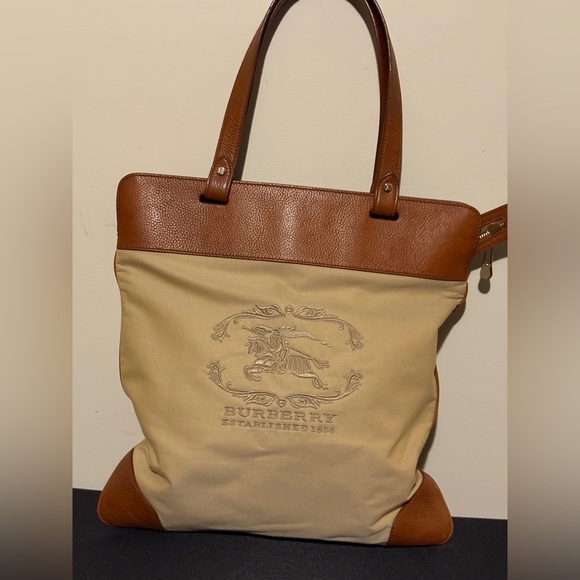 Burberry Stowell Roll Up Tote Brown Light Beige Canvas Fabric Bag - Picture 1 of 6